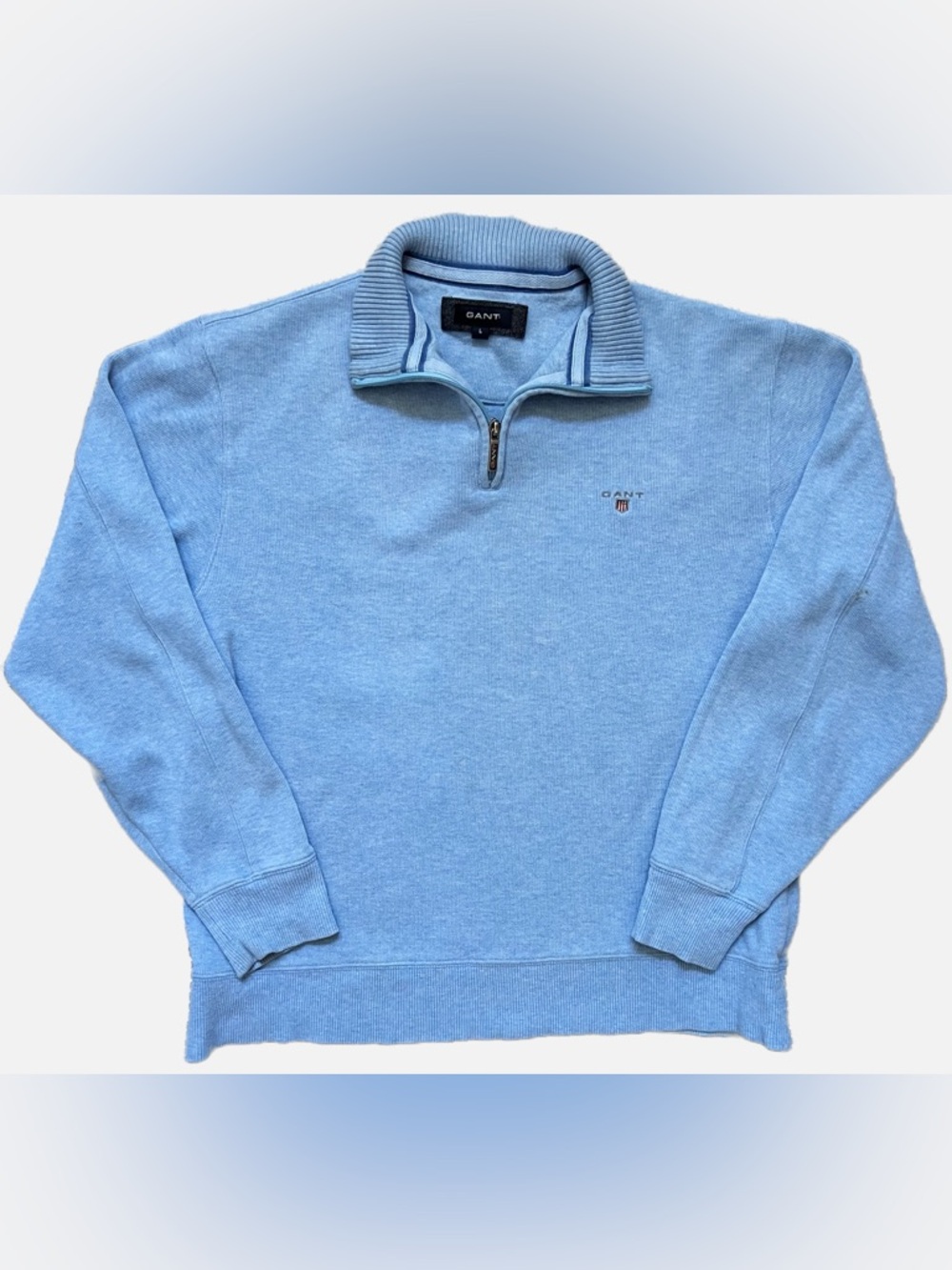 Gant Mens Large Blue Quarter Zip Cotton Knit Sweater Long Sleeve Logo